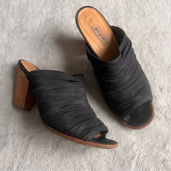 Paul Green Avery Nubuck Leather Artisan Strappy Block Heel Peep Toe Mule Black - Picture 1 of 17
